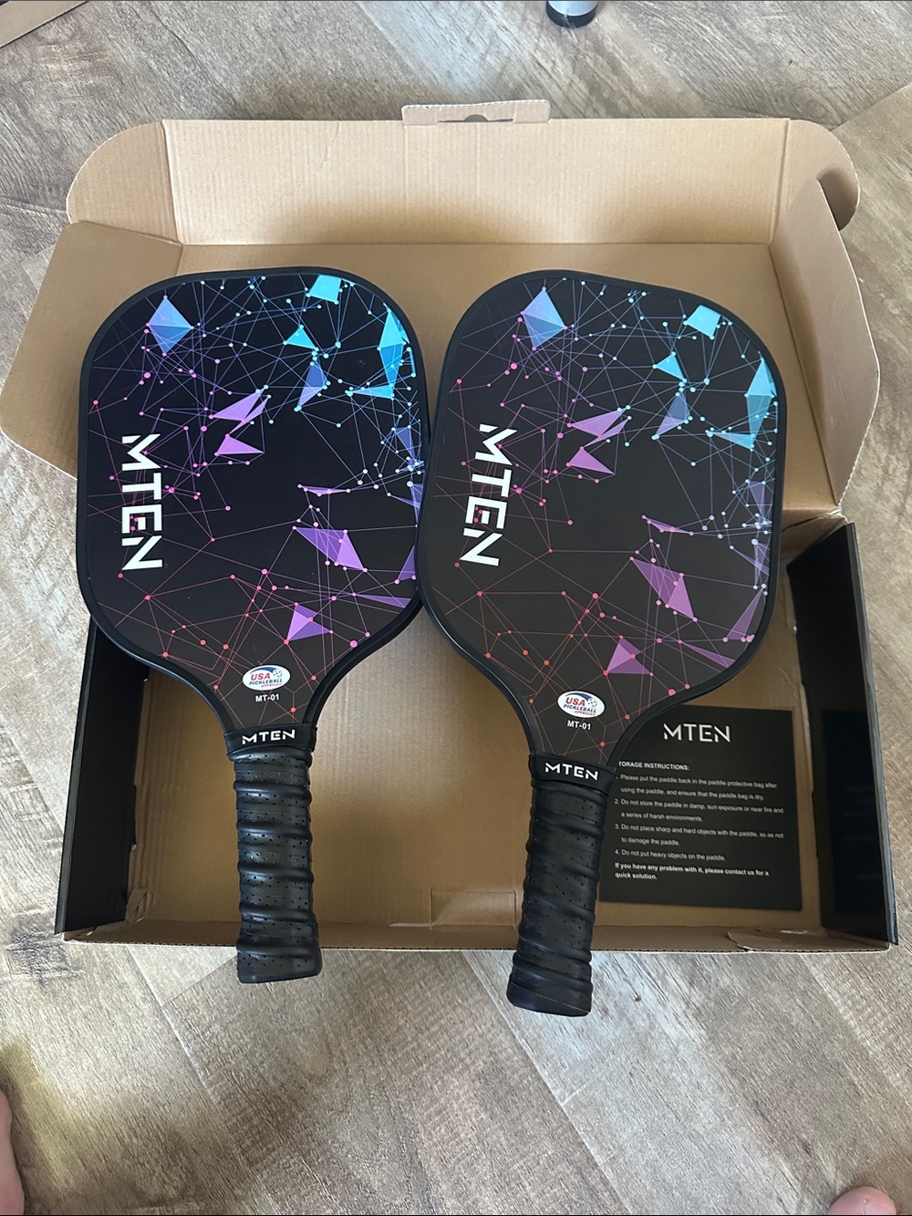 MTEN Geometric Graphic Pickleball Paddles - Black with Purple & Teal Accents
